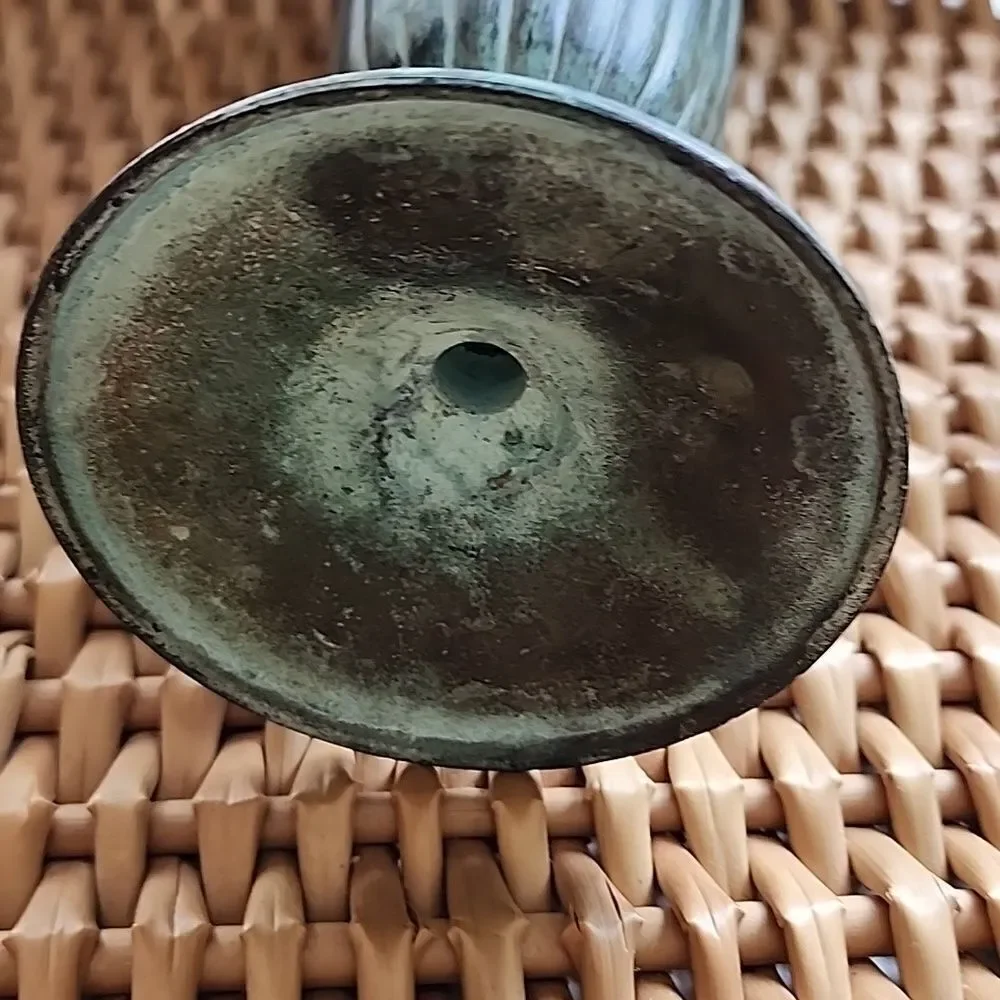 Verdigris Patina Bronze Vase Chalice Trumpet Flare Vintage Pedestal Vase - Picture 8 of 8